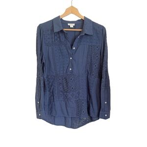 Sundance Ameya Navy Blue Lace Eyelet Boho Long Sleeve Top size M